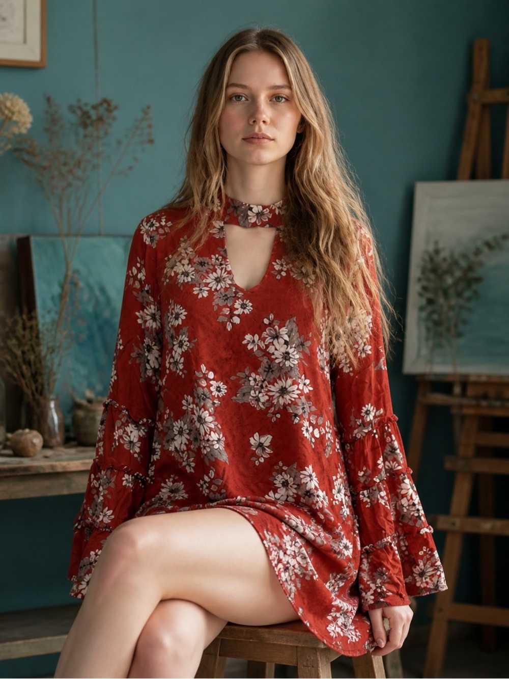 Gilli Rust Red Floral Long Bell Sleeve Keyhole Neck Dress Size L